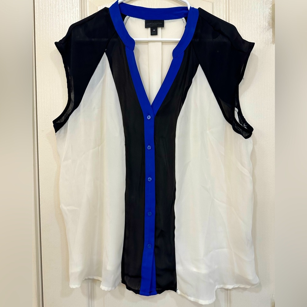 Worthington, Size 1x, blue black and white sheet blouse